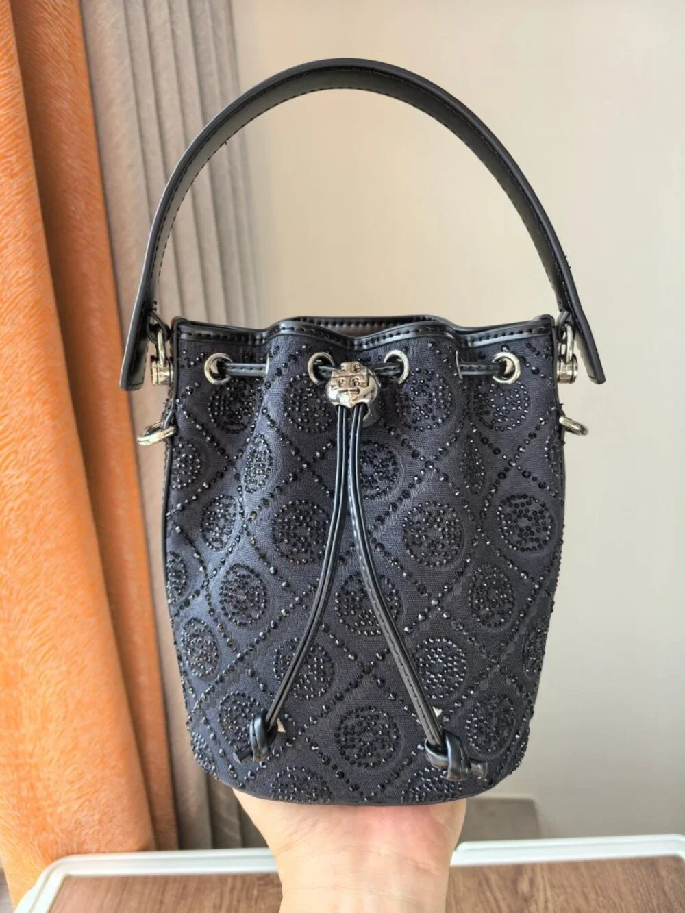 Tory Burch Black Rhinestone Monogram Mini Bucket Bag Two Straps